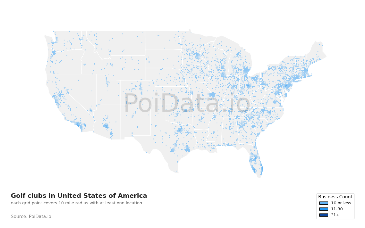 Golf club density map for Washington, United States