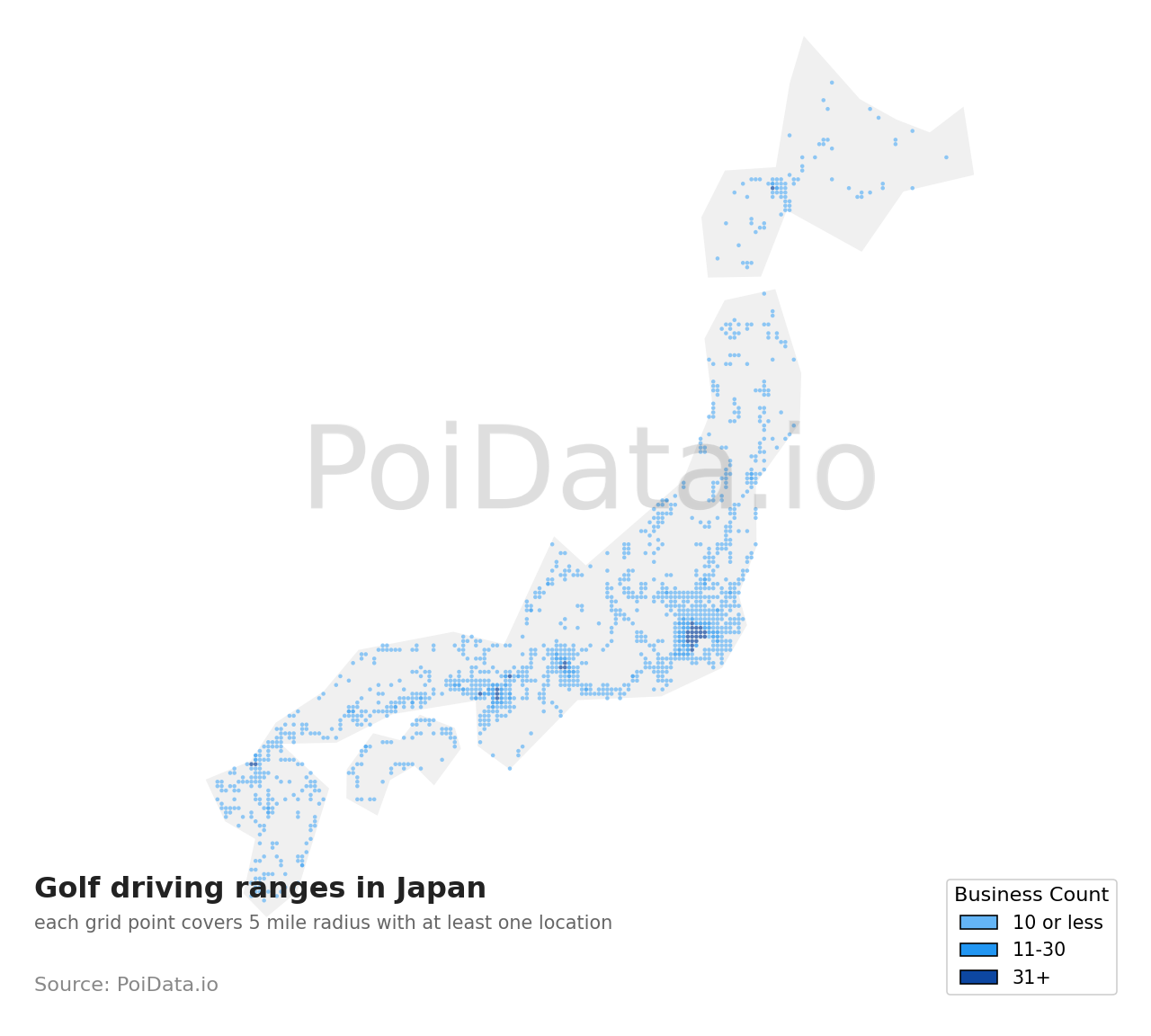 Golf driving range density map for Japan