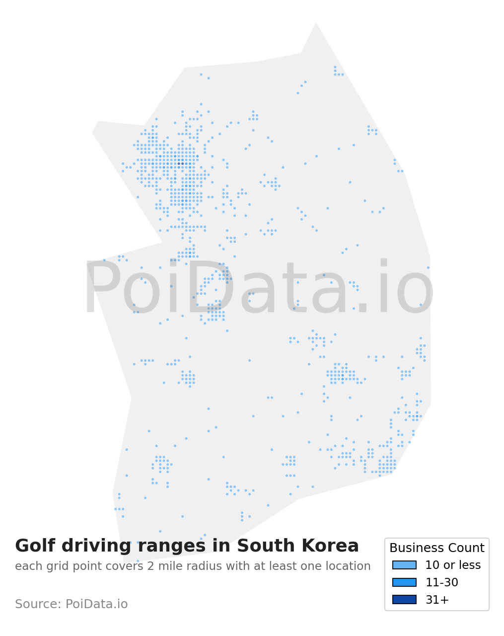 Golf driving range density map for South Korea