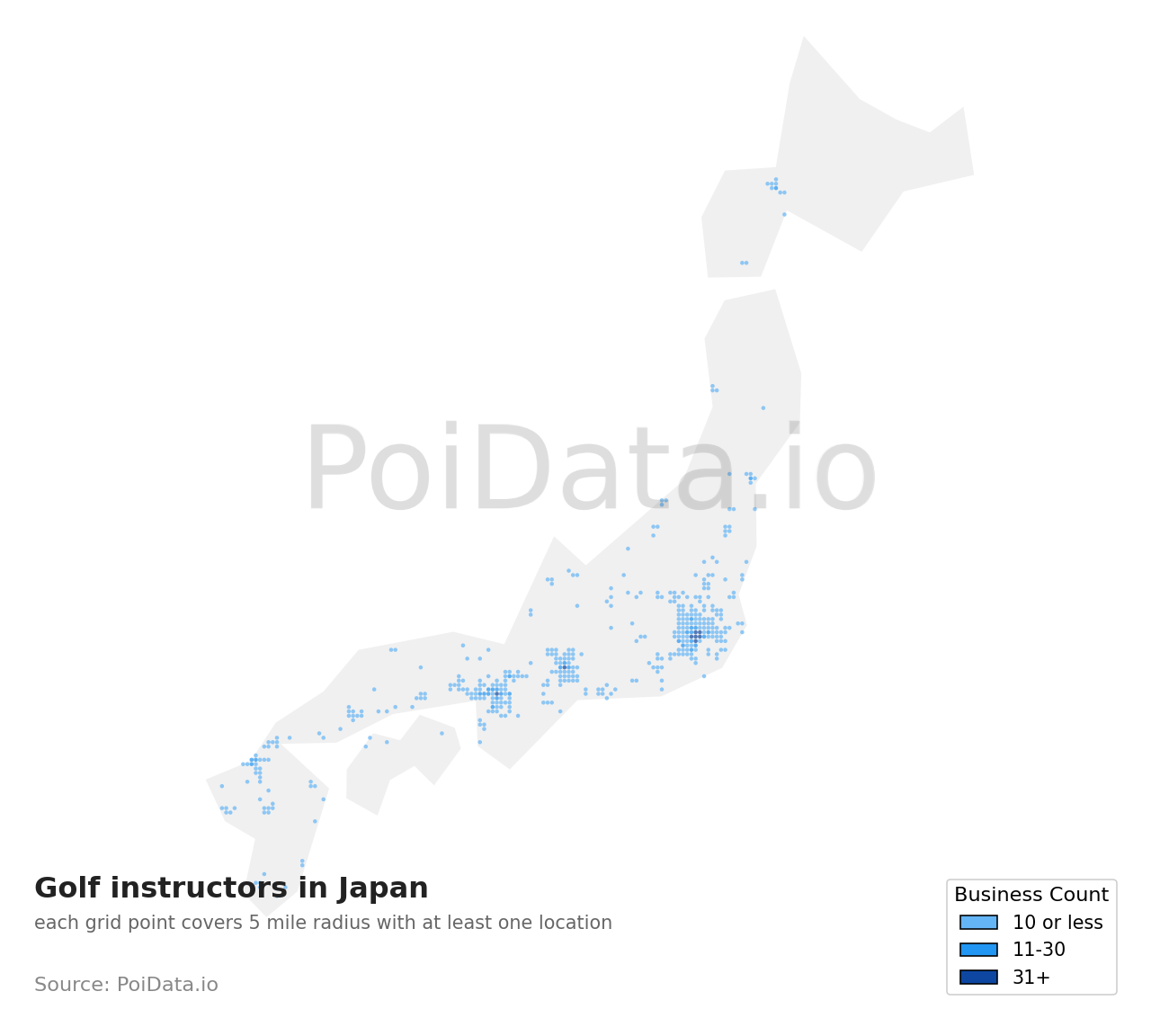 Golf instructor density map for Japan