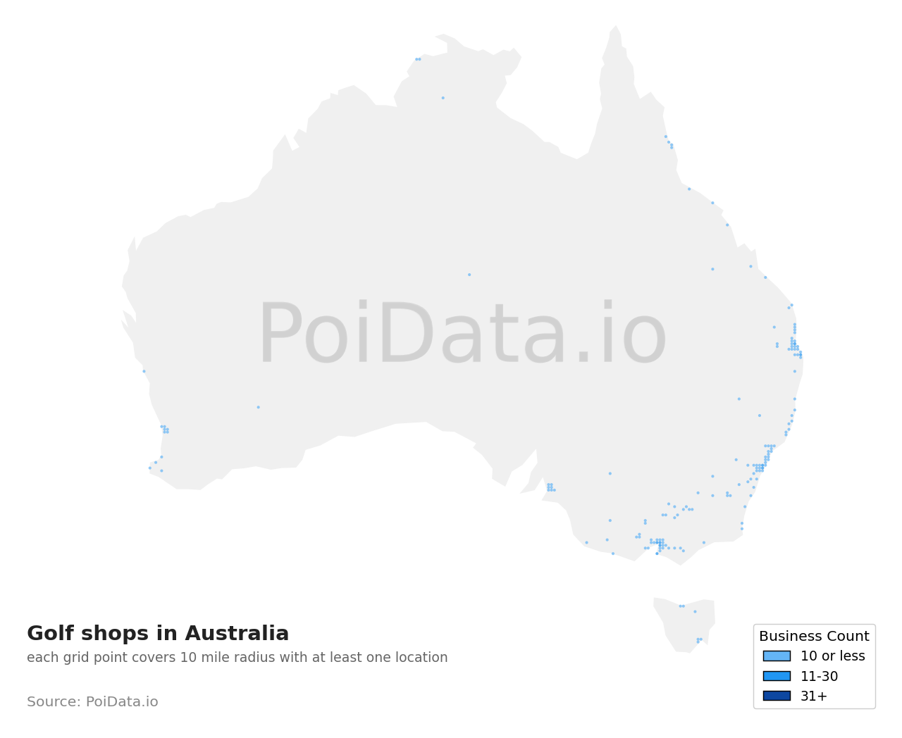 Golf shop density map for QLD, Australia