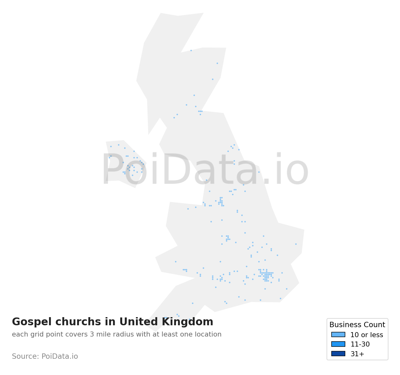 Gospel church density map for United Kingdom