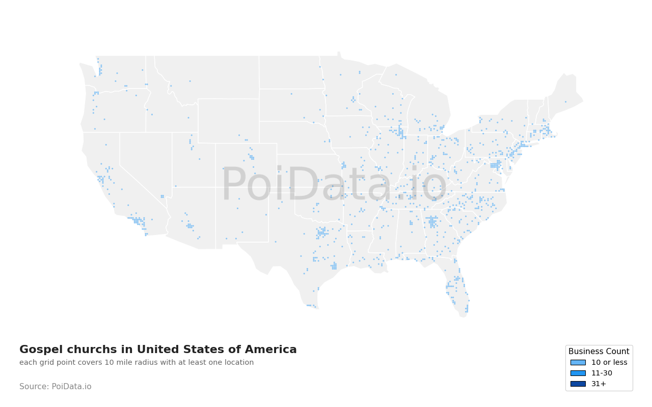 Gospel church density map for Texas, United States