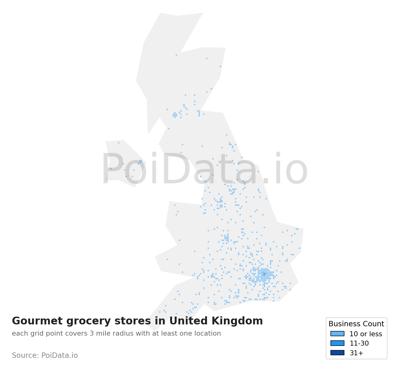 Gourmet grocery store density map for United Kingdom