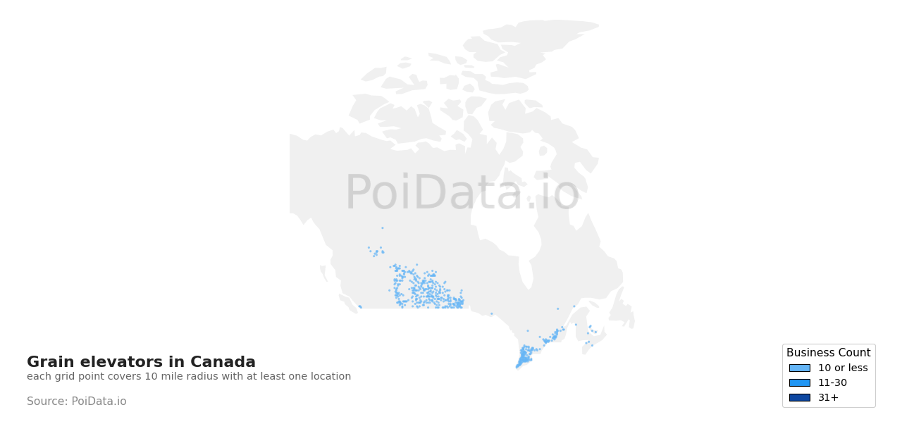 Grain elevator density map for British Columbia, Canada