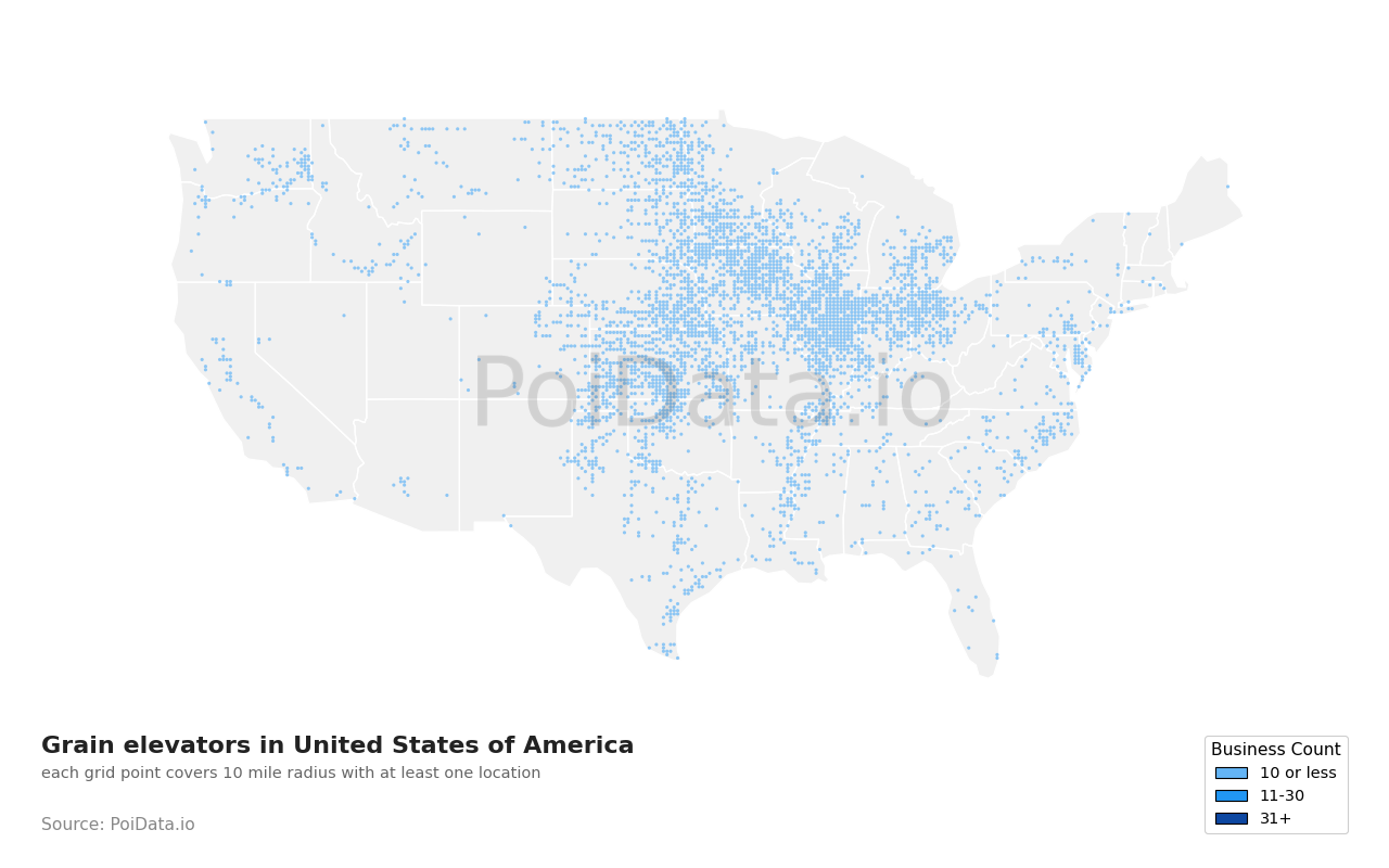 Grain elevator density map for Kansas, United States