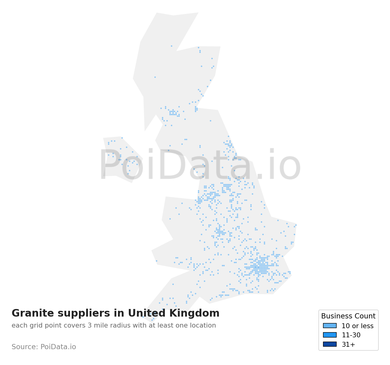 Granite supplier density map for United Kingdom