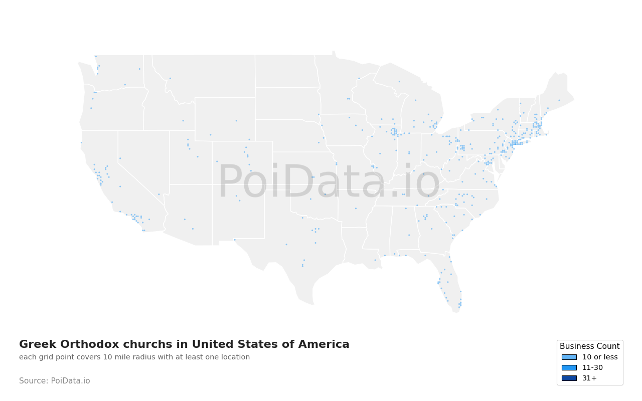 Greek Orthodox church density map for Florida, United States