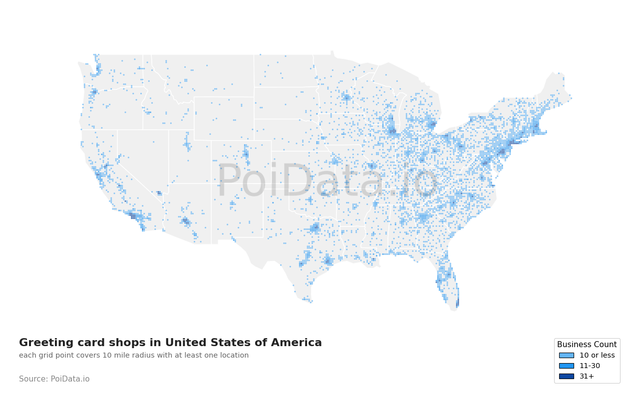 Greeting card shop density map for Florida, United States