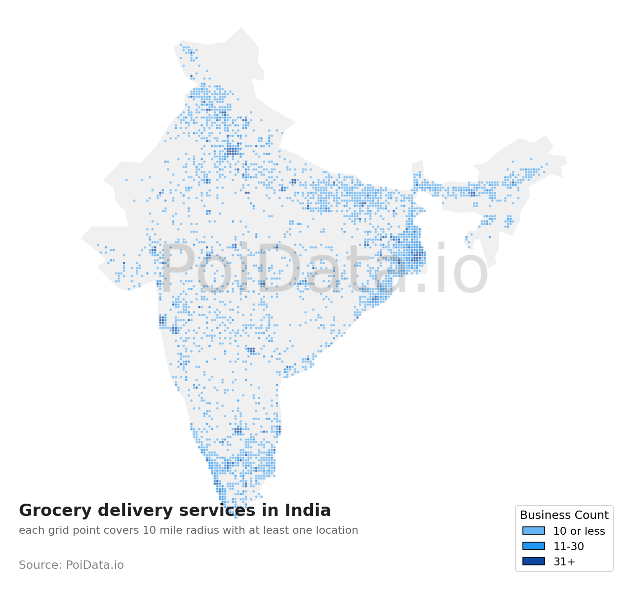 Grocery delivery service density map for India