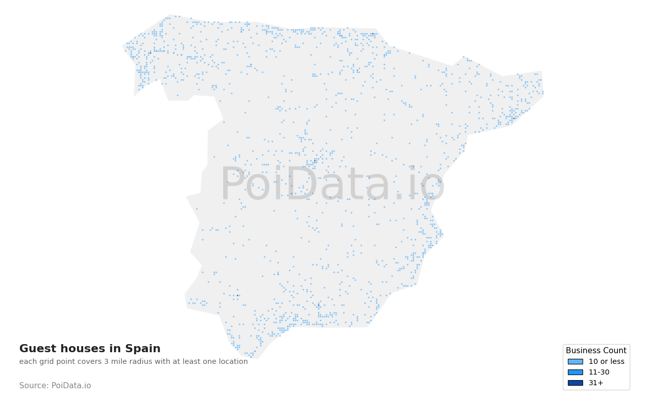 Guest house density map for Spain
