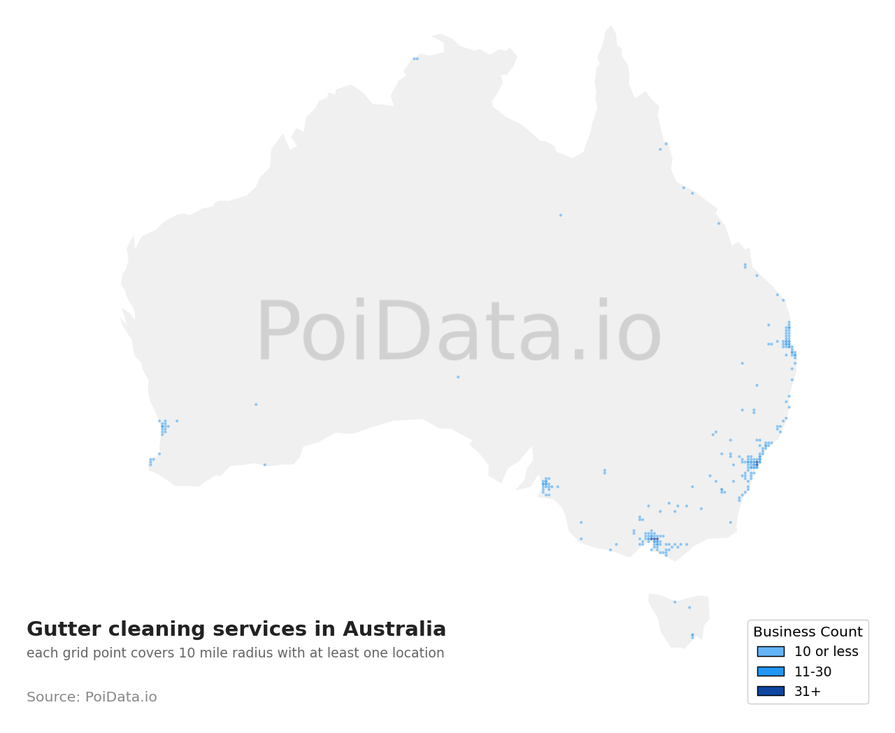 Gutter cleaning service density map for Australia