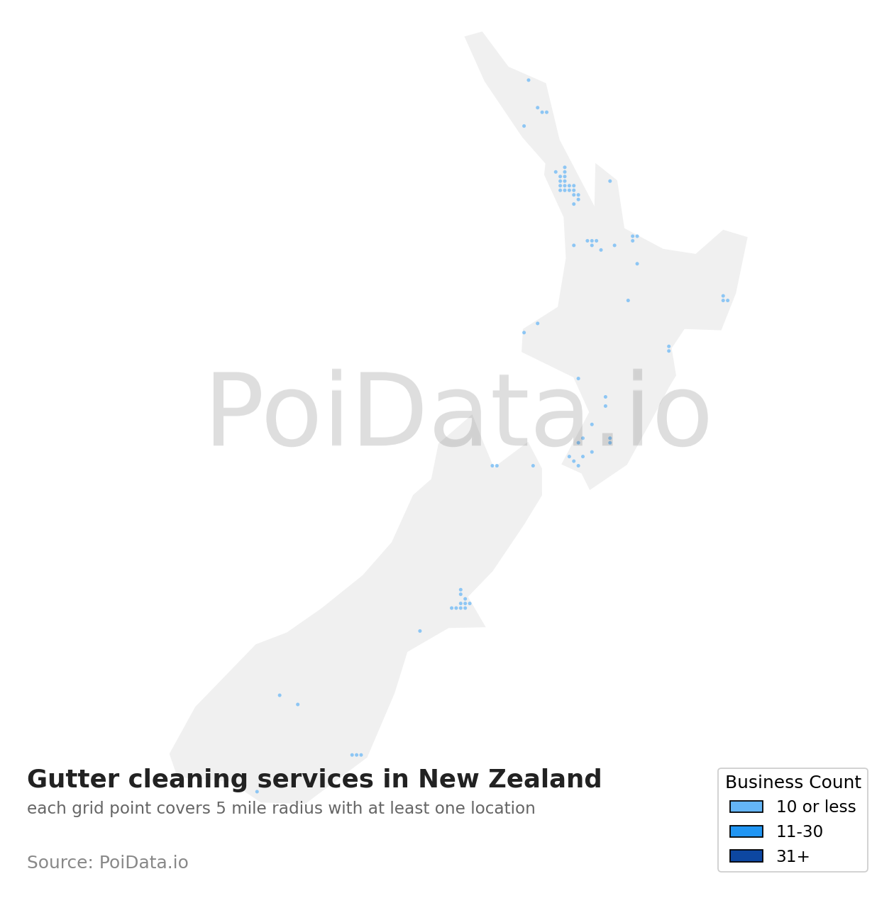 Gutter cleaning service density map for New Zealand