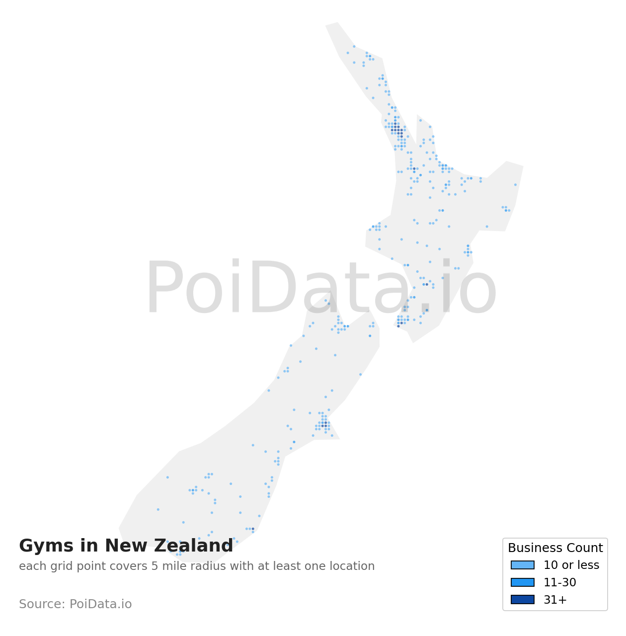 Gym density map for New Zealand