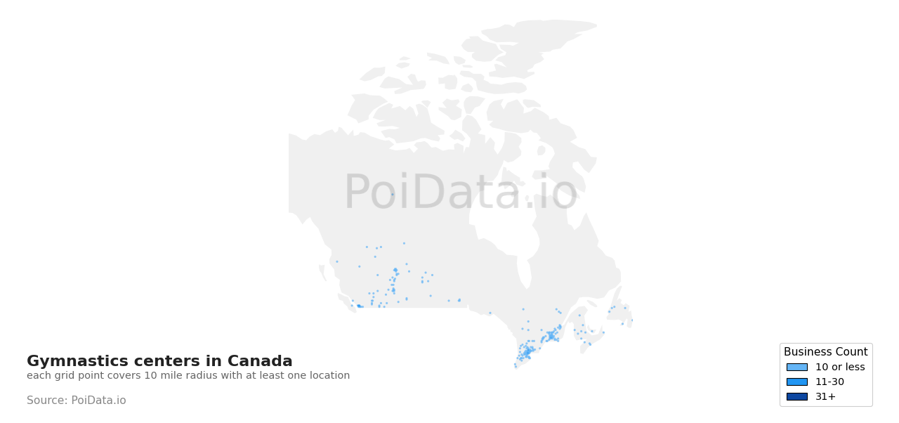 Gymnastics center density map for Manitoba, Canada