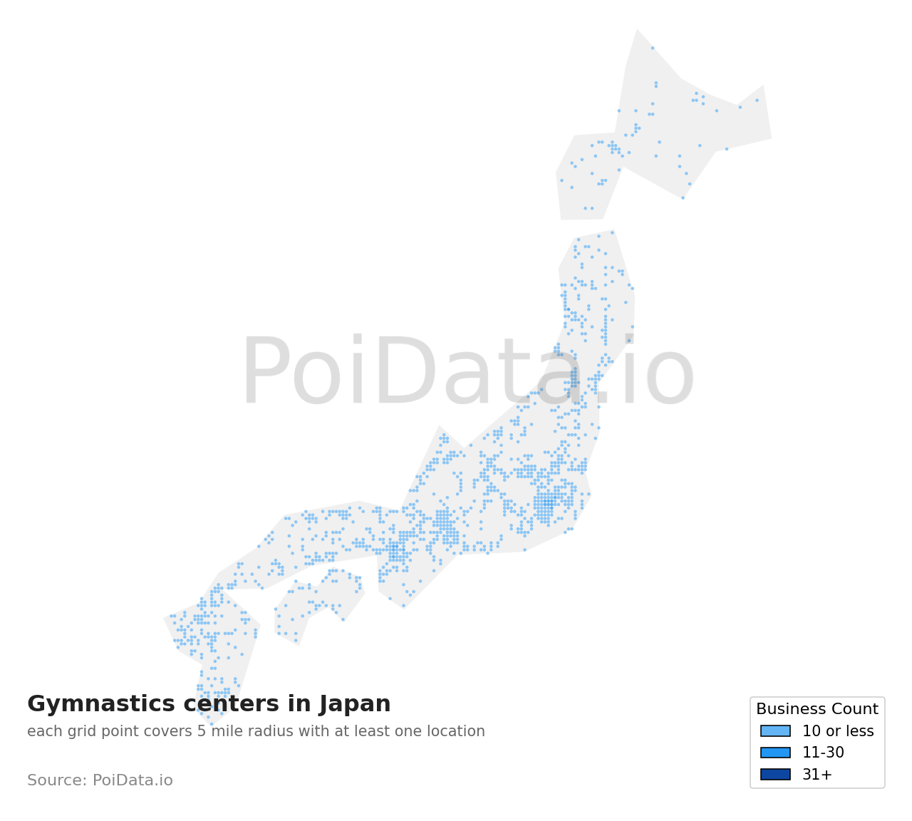 Gymnastics center density map for Japan