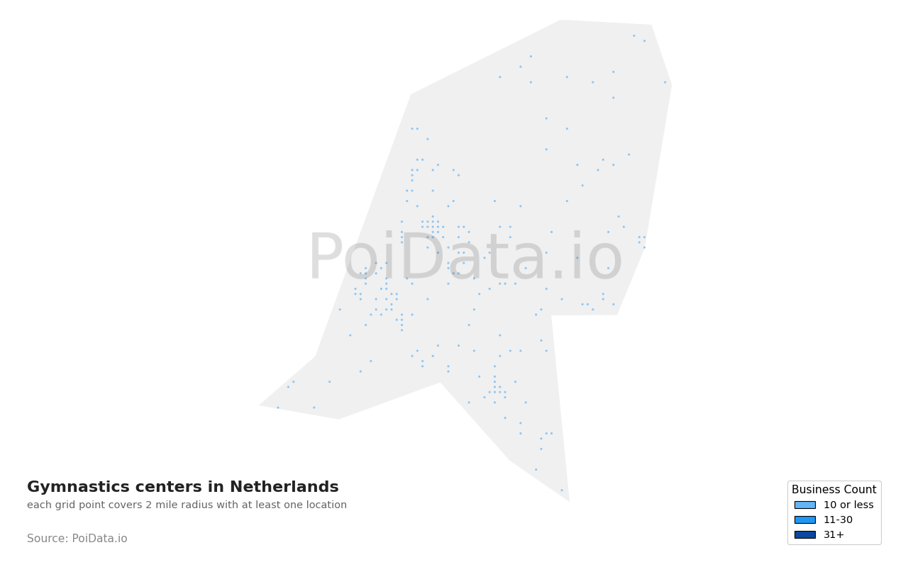 Gymnastics center density map for Netherlands