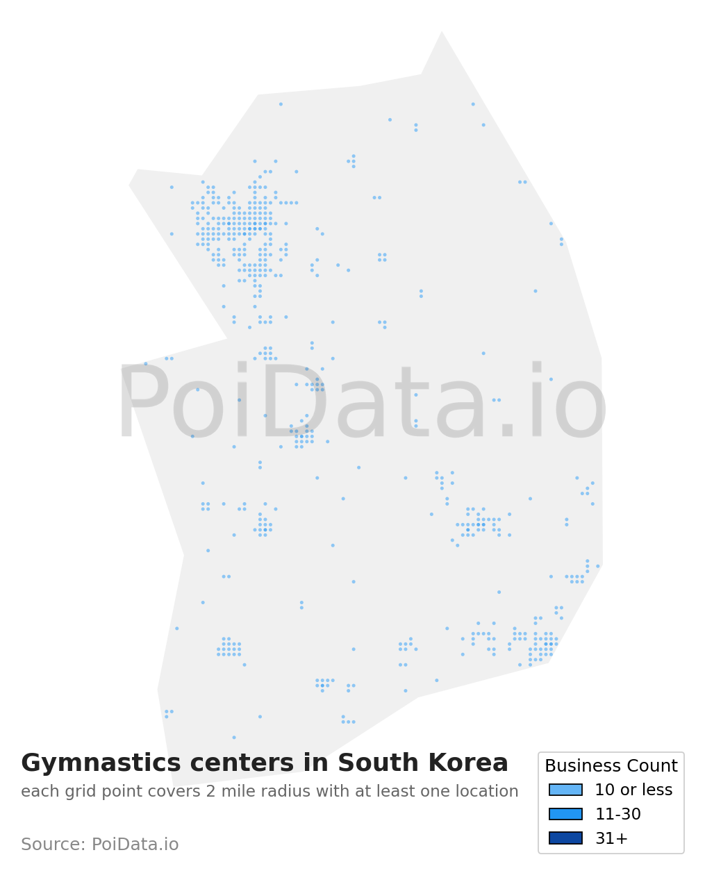 Gymnastics center density map for South Korea