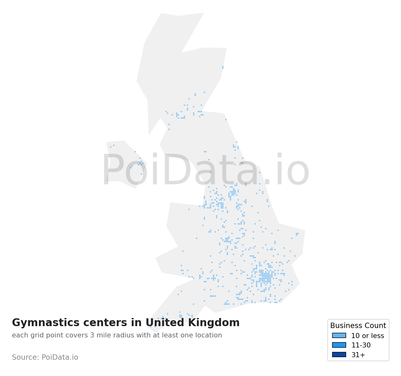 Gymnastics center density map for United Kingdom