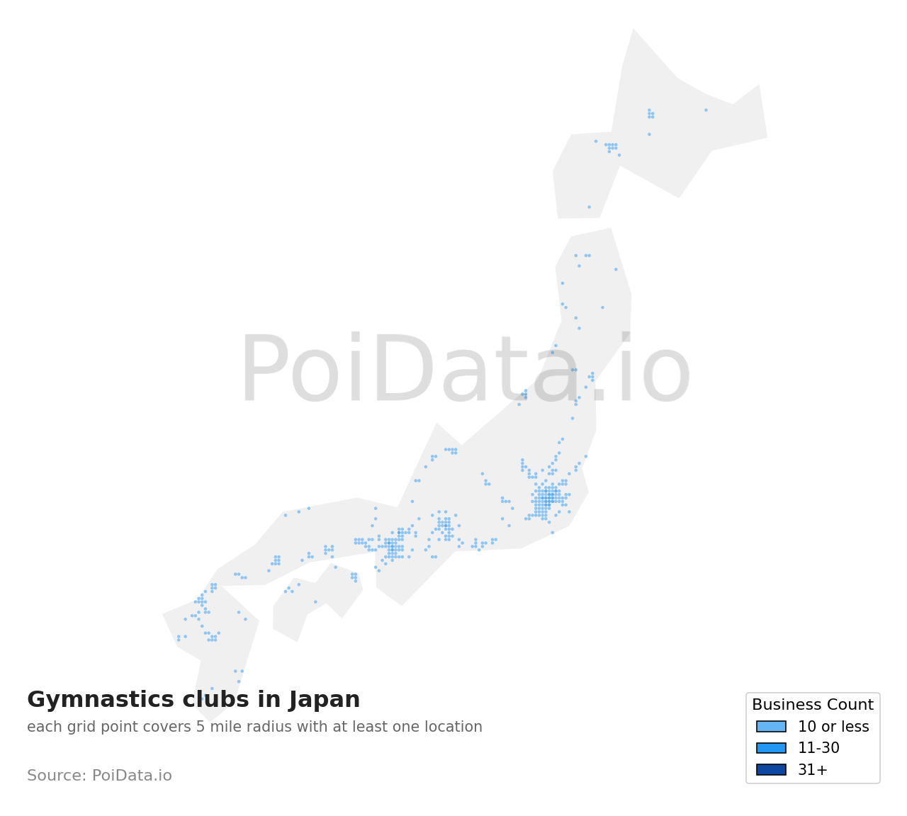 Gymnastics club density map for Japan