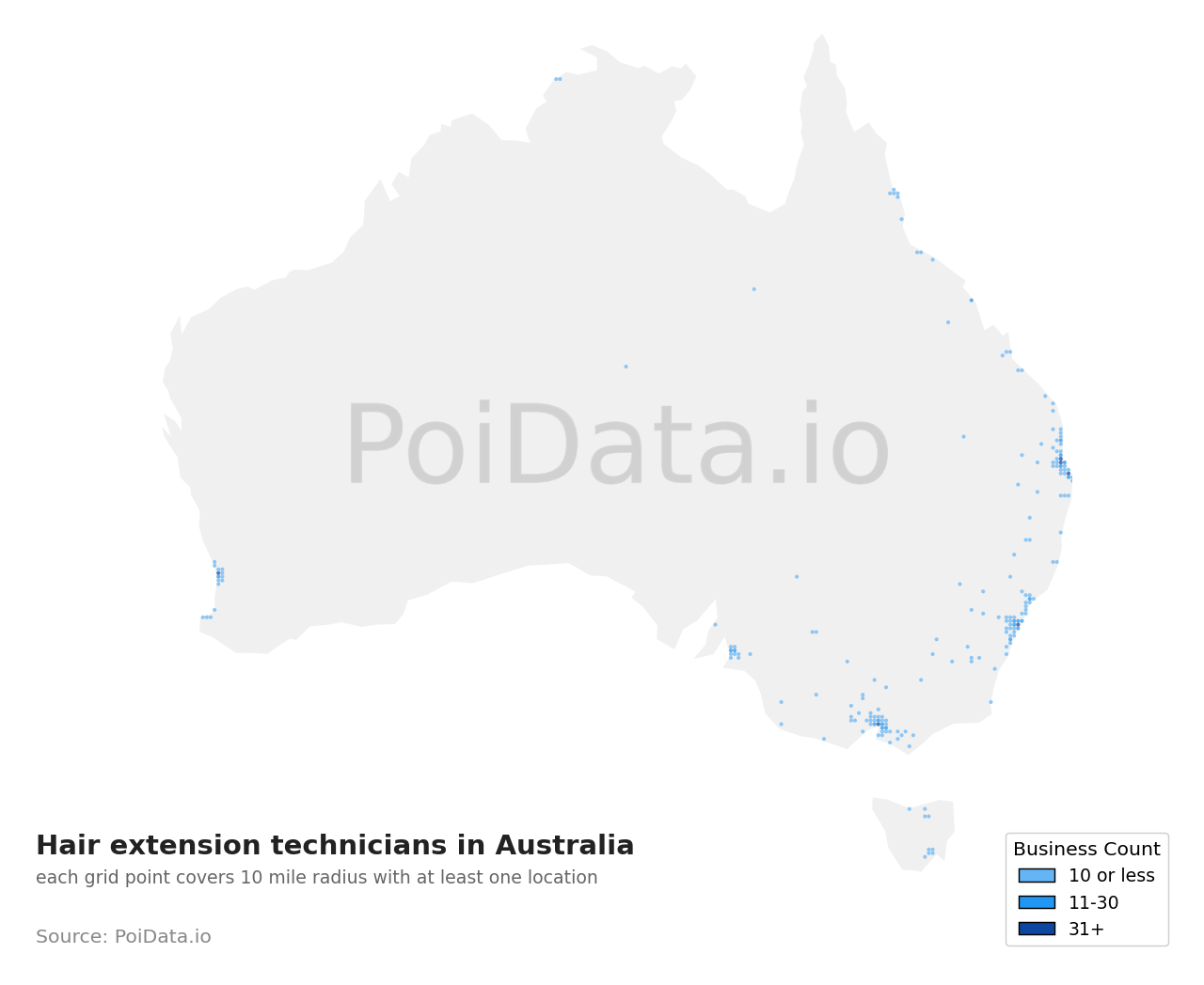 Hair extension technician density map for Australia