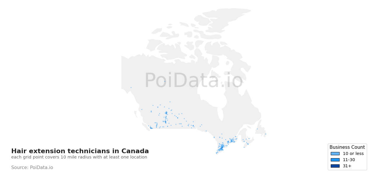 Hair extension technician density map for Nova Scotia, Canada