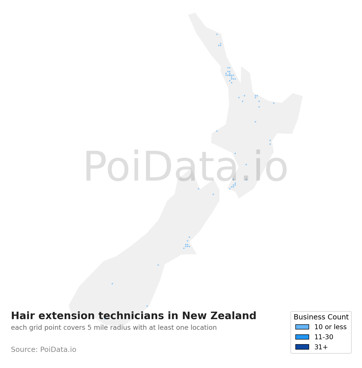 Hair extension technician density map for New Zealand