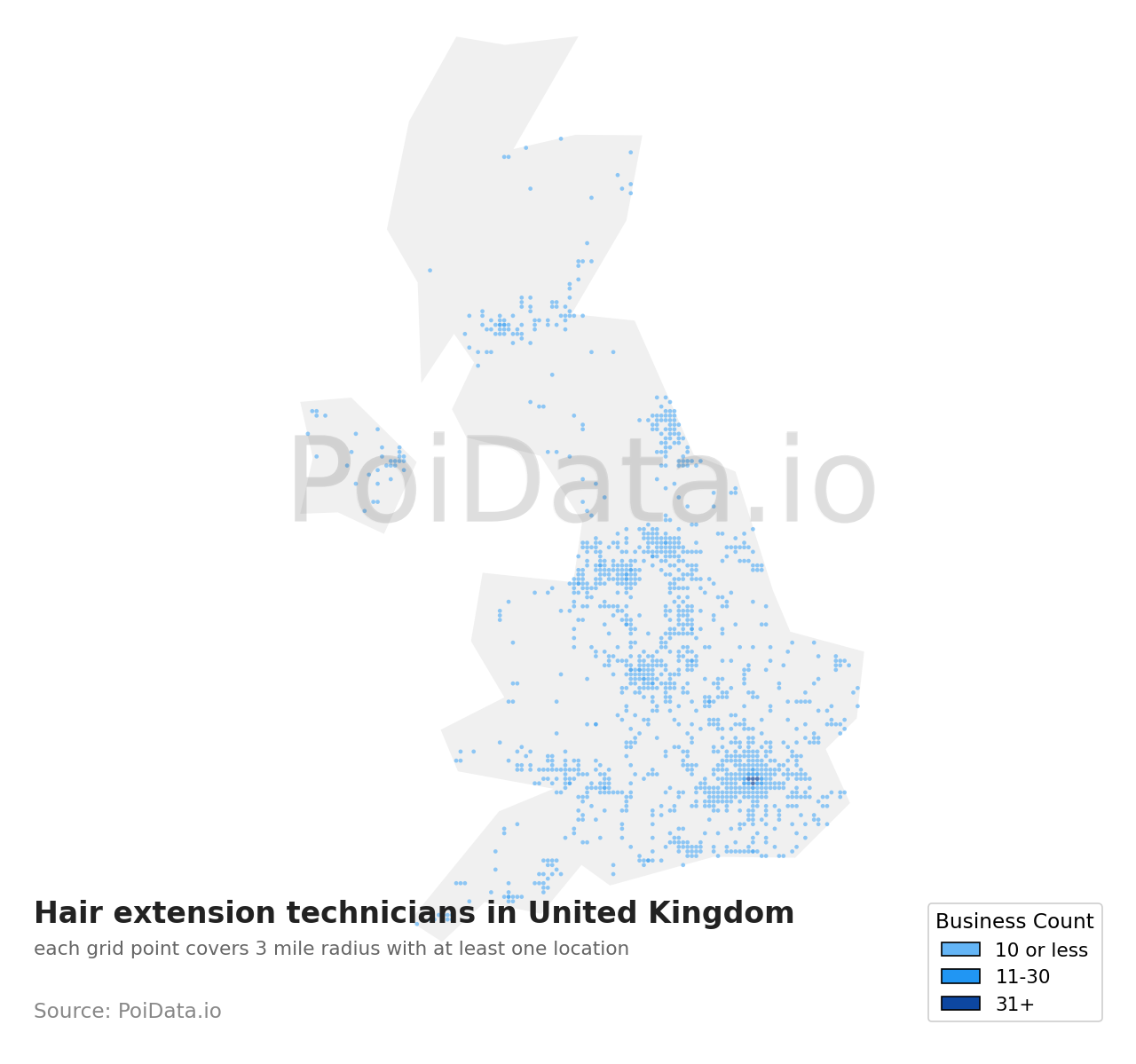 Hair extension technician density map for United Kingdom