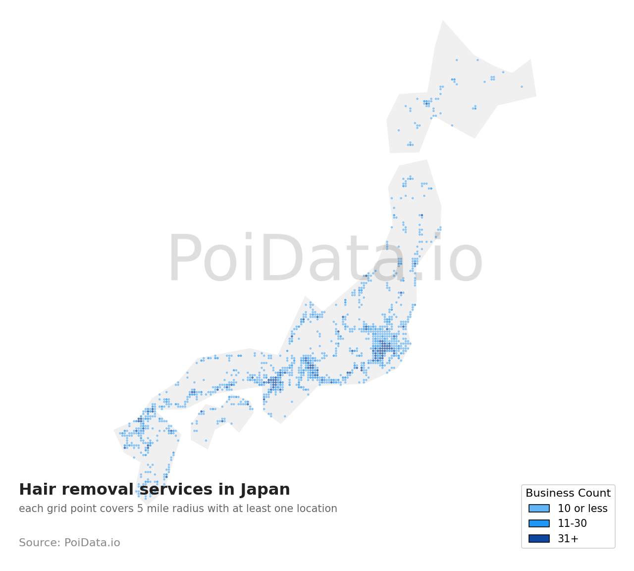 Hair removal service density map for Japan