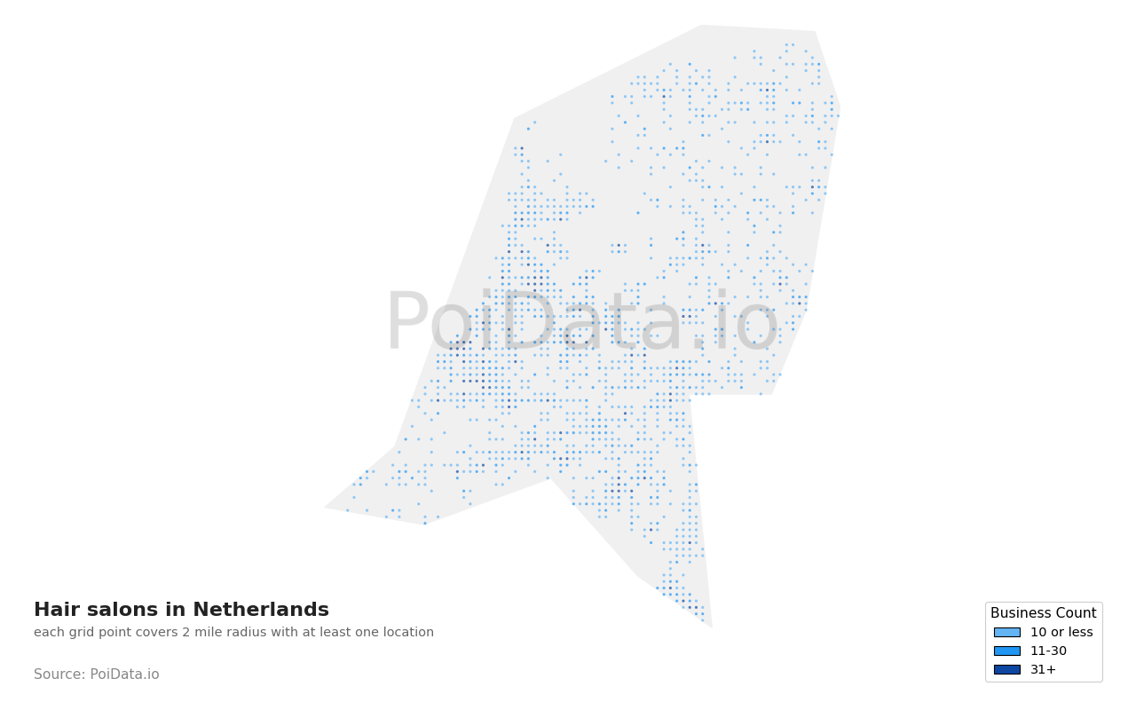 Hair salon density map for Netherlands