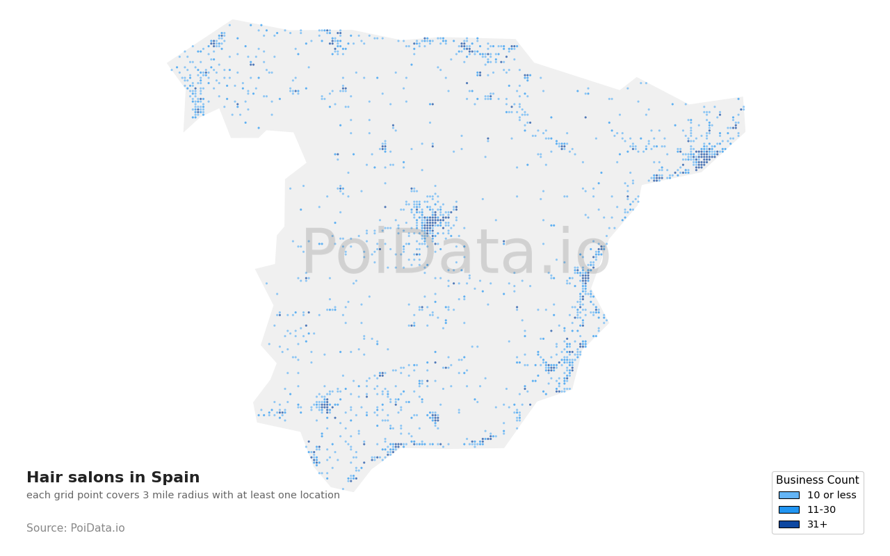 Hair salon density map for Spain