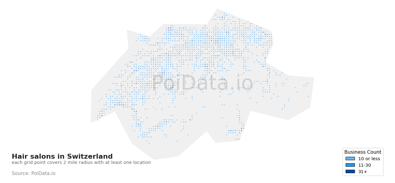 Hair salon density map for Switzerland