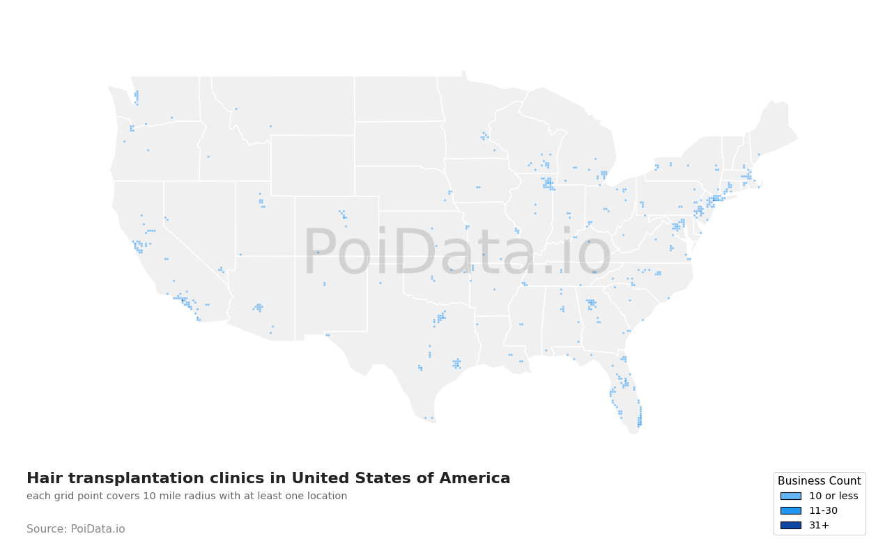 Hair transplantation clinic density map for United States