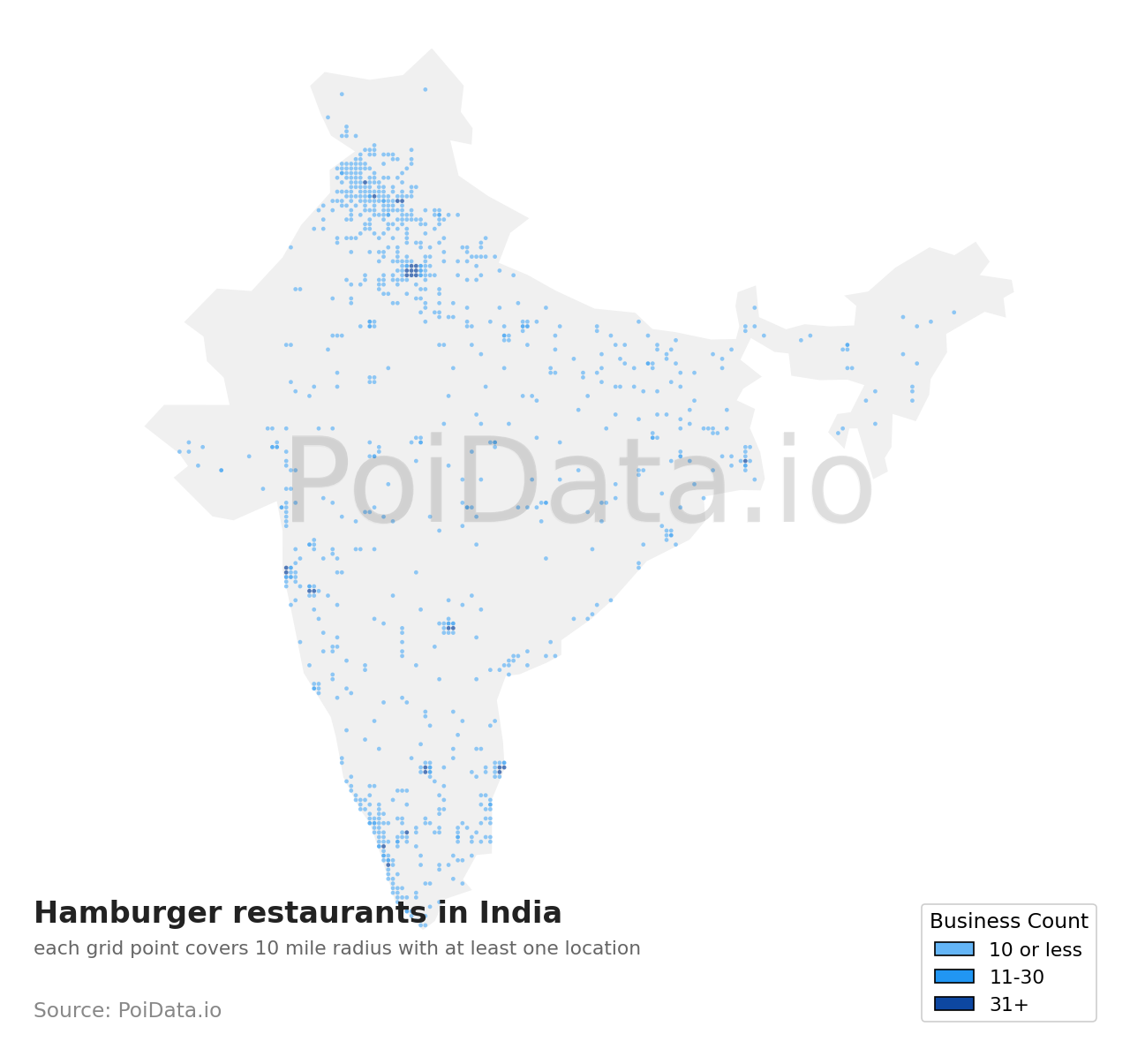 Hamburger restaurant density map for India