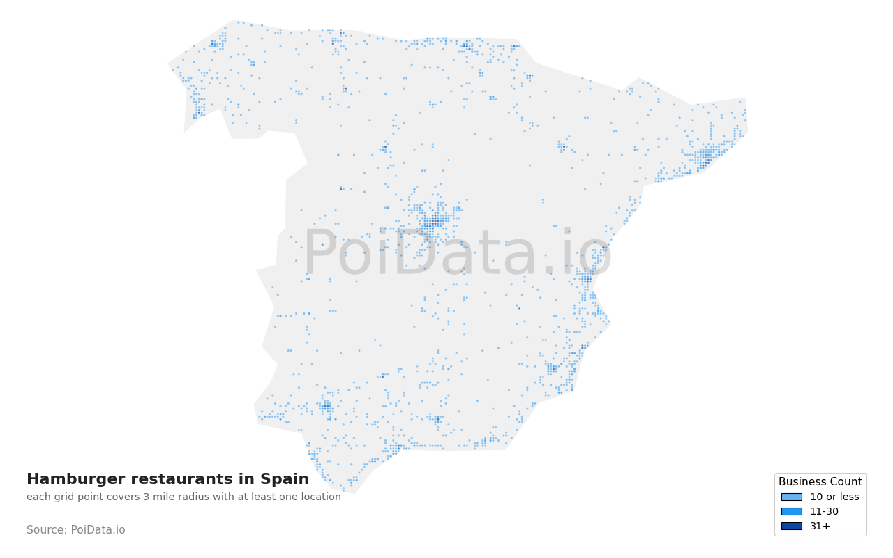 Hamburger restaurant density map for Spain