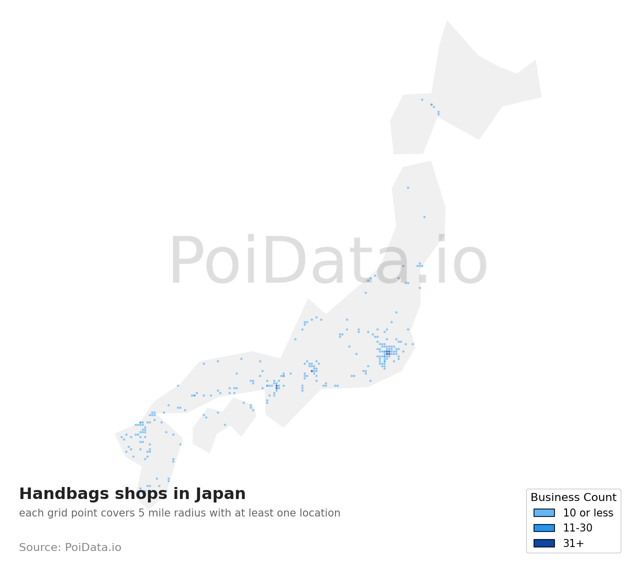 Handbags shop density map for Japan