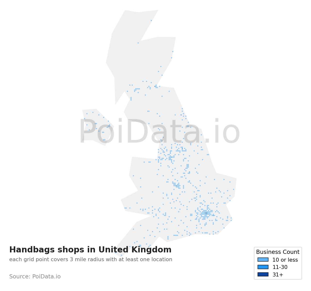 Handbags shop density map for United Kingdom
