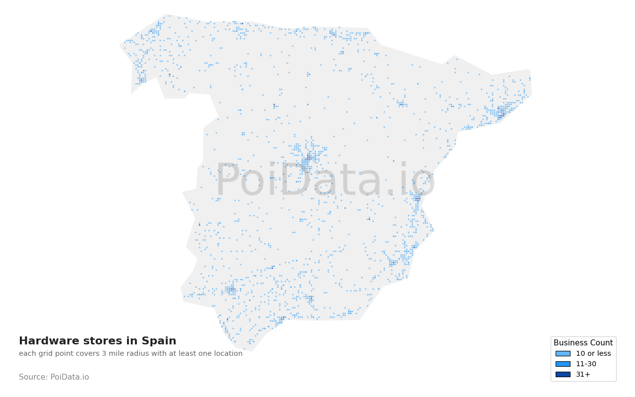 Hardware store density map for Spain