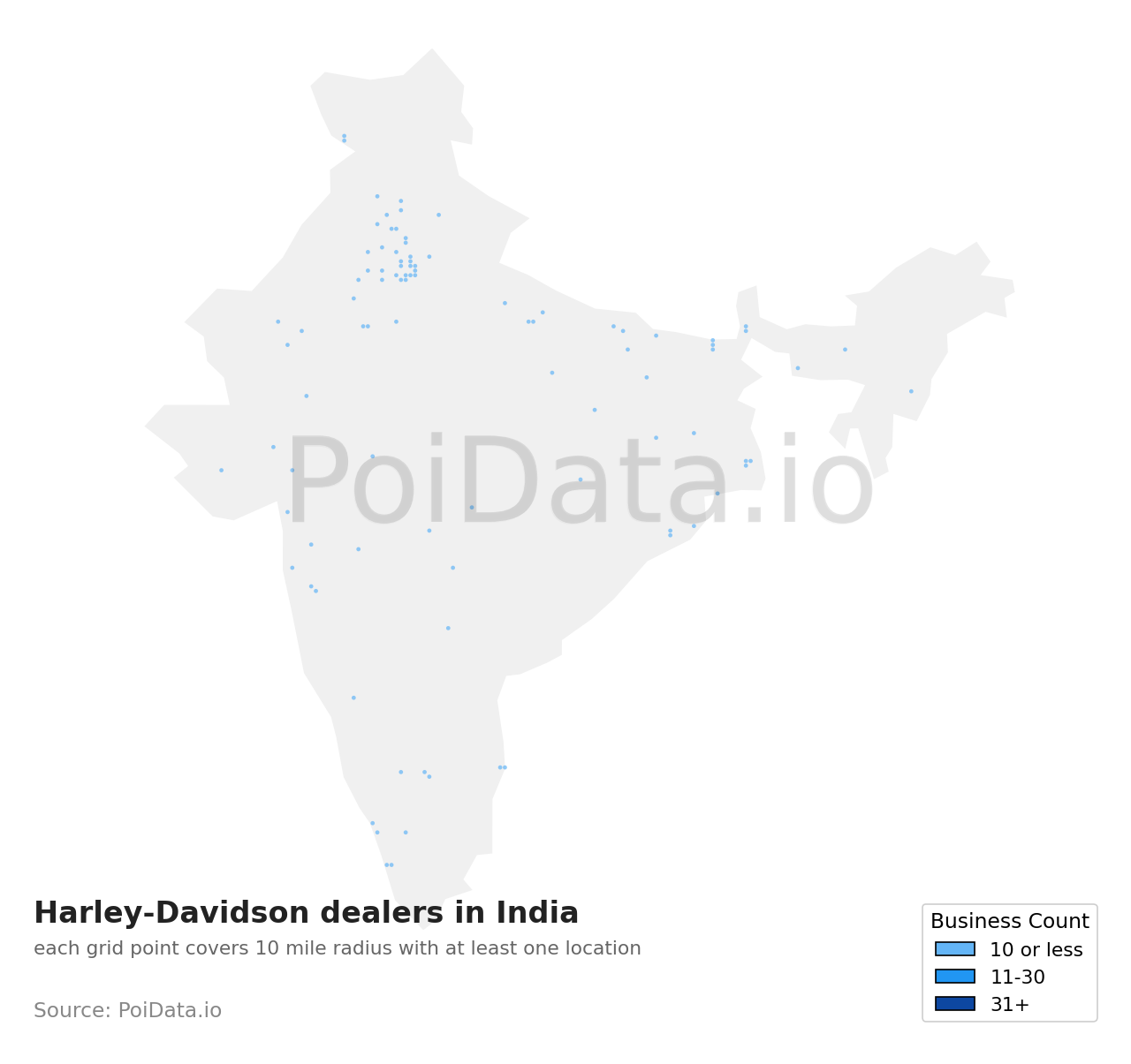 Harley-Davidson dealer density map for India