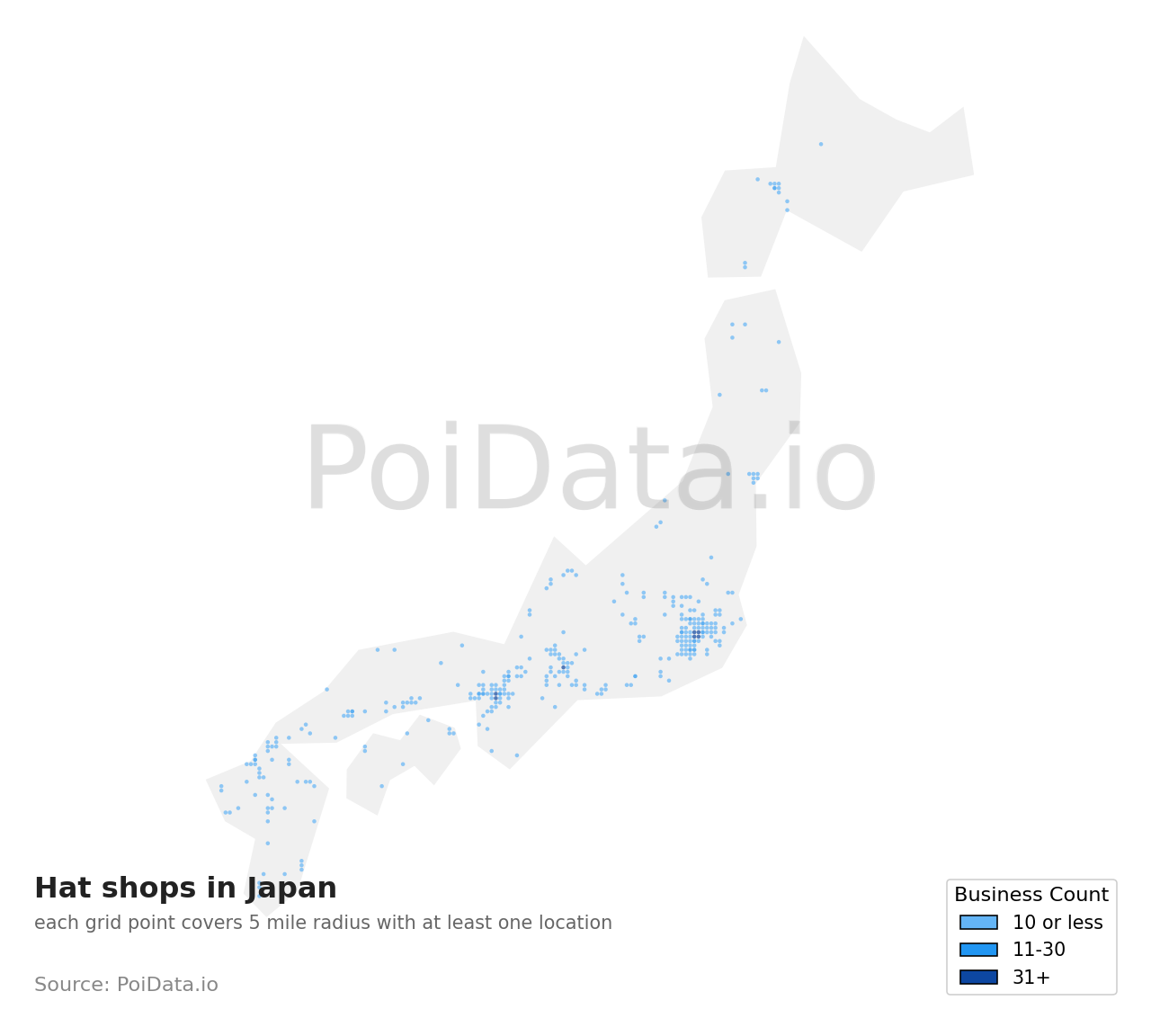 Hat shop density map for Japan