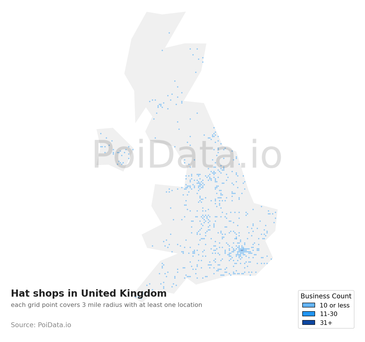Hat shop density map for United Kingdom