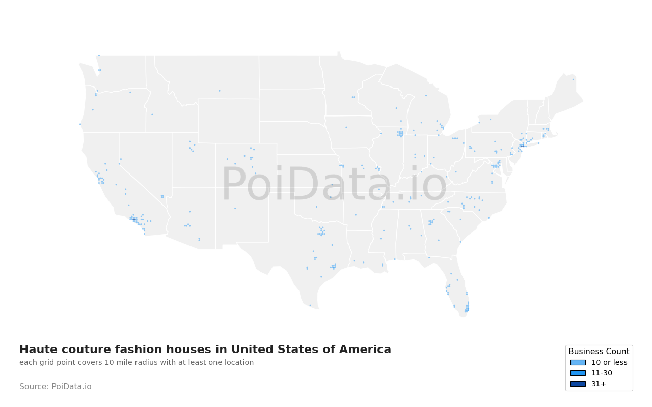 Haute couture fashion house density map for United States