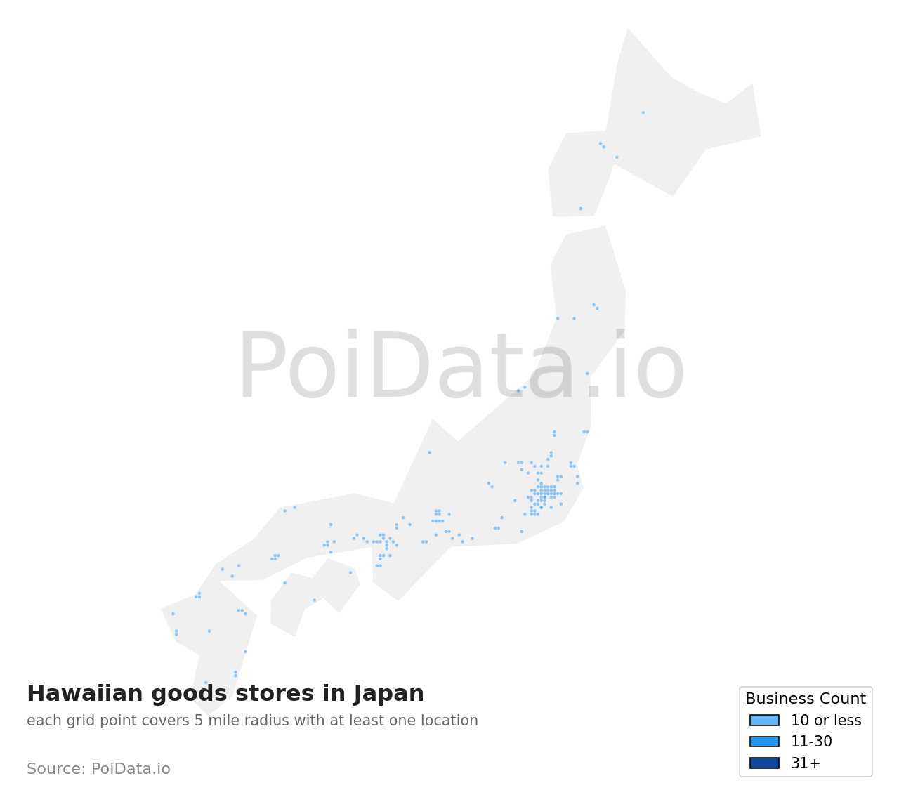 Hawaiian goods store density map for Japan