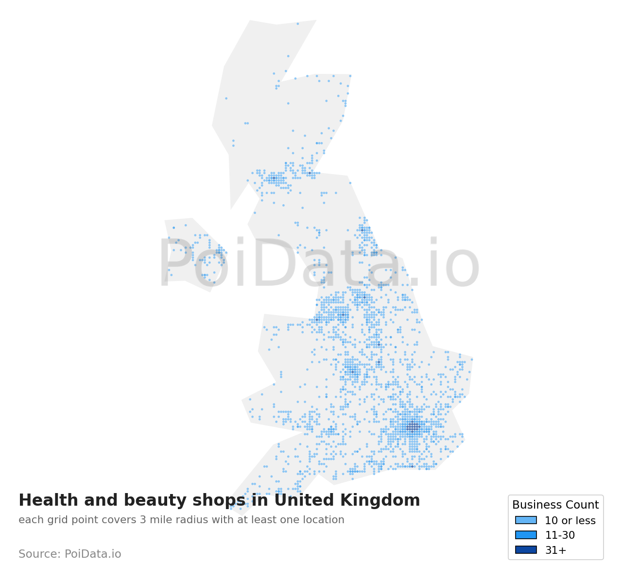 Health and beauty shop density map for United Kingdom