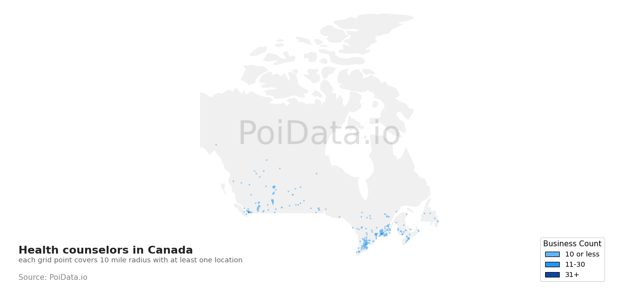 Health counselor density map for British Columbia, Canada