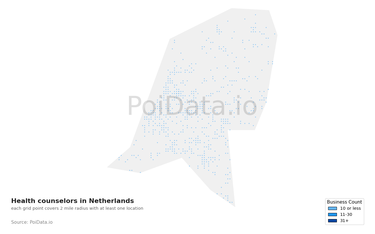 Health counselor density map for Netherlands