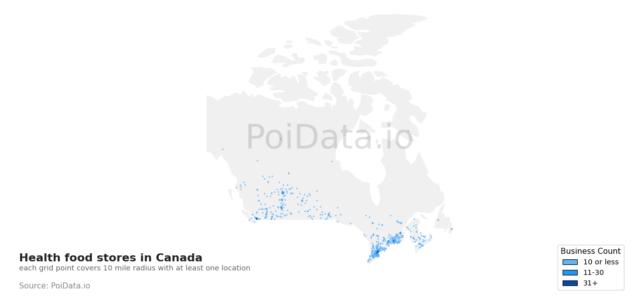 Health food store density map for New Brunswick, Canada