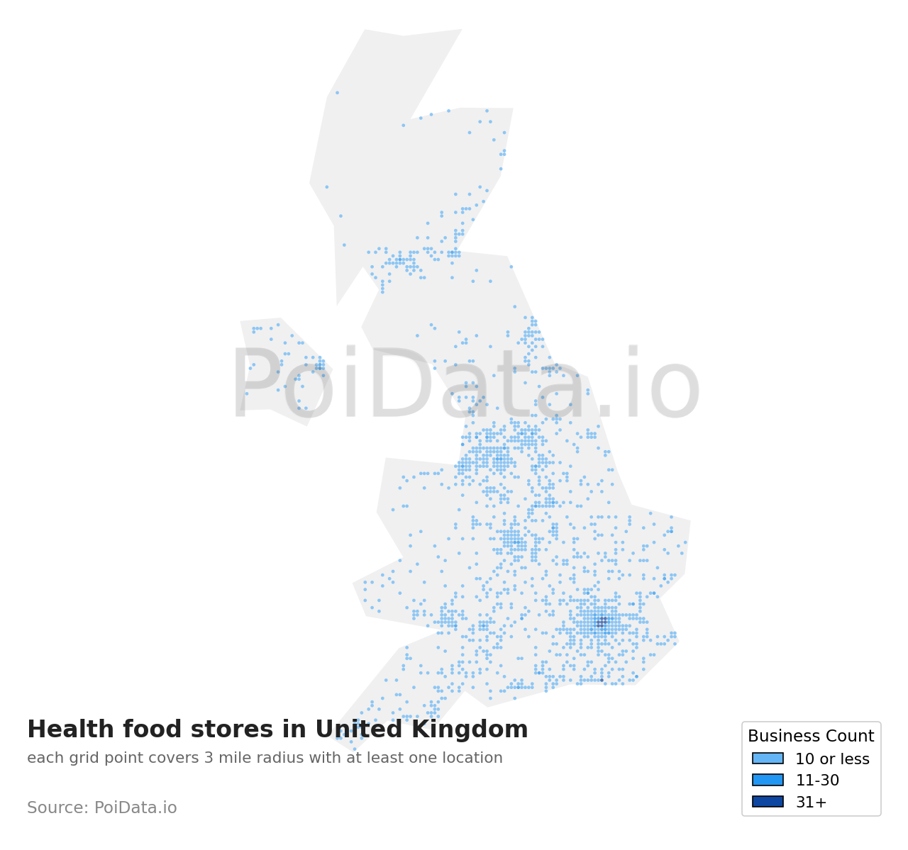 Health food store density map for United Kingdom
