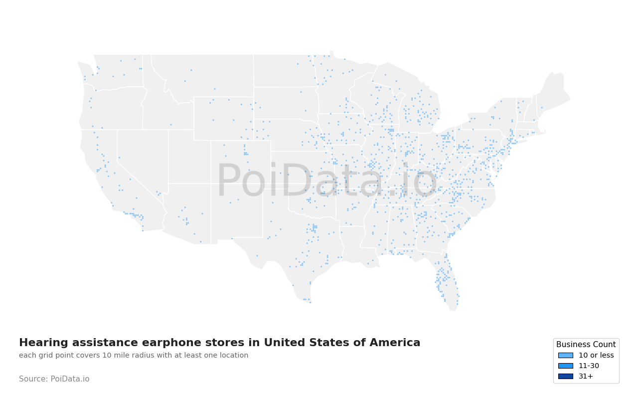 Hearing assistance earphone store density map for United States
