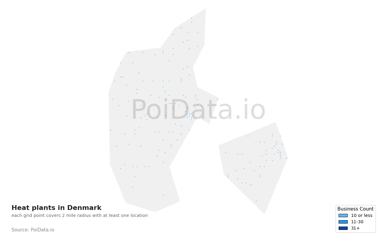 Heat plant density map for Denmark